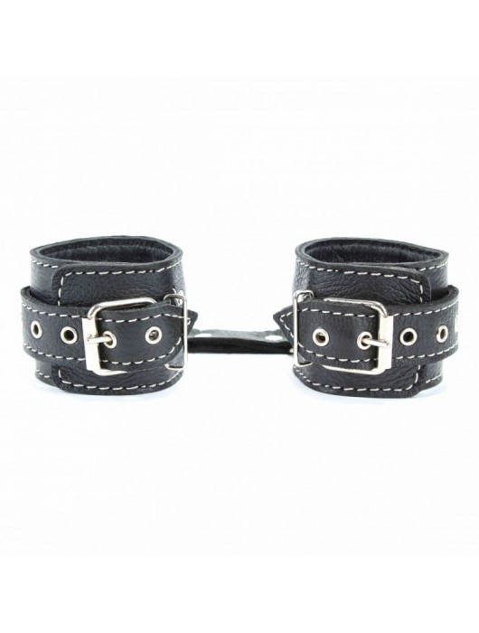 Чёрные кожаные наручники с крупной строчкой - БДСМ Арсенал - купить с доставкой в Химках