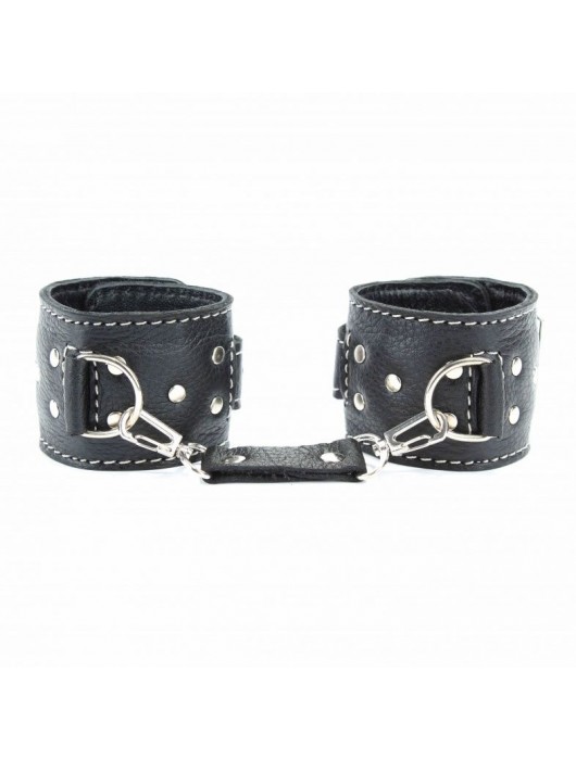 Чёрные кожаные наручники с крупной строчкой - БДСМ Арсенал - купить с доставкой в Химках