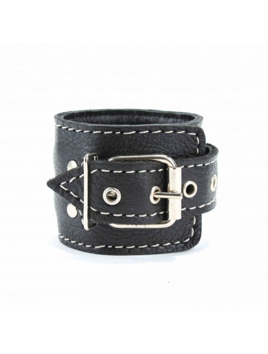 Чёрные кожаные наручники с крупной строчкой - БДСМ Арсенал - купить с доставкой в Химках