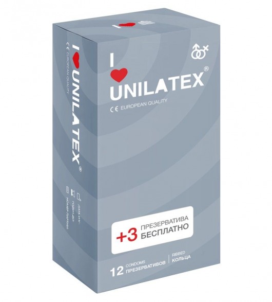 Презервативы с рёбрами Unilatex Ribbed - 12 шт. + 3 шт. в подарок - Unilatex - купить с доставкой в Химках