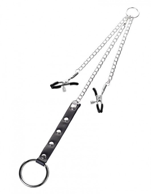 Серебристо-чёрные зажимы для сосков с кольцом для пениса TOYFA Metal - ToyFa - купить с доставкой в Химках